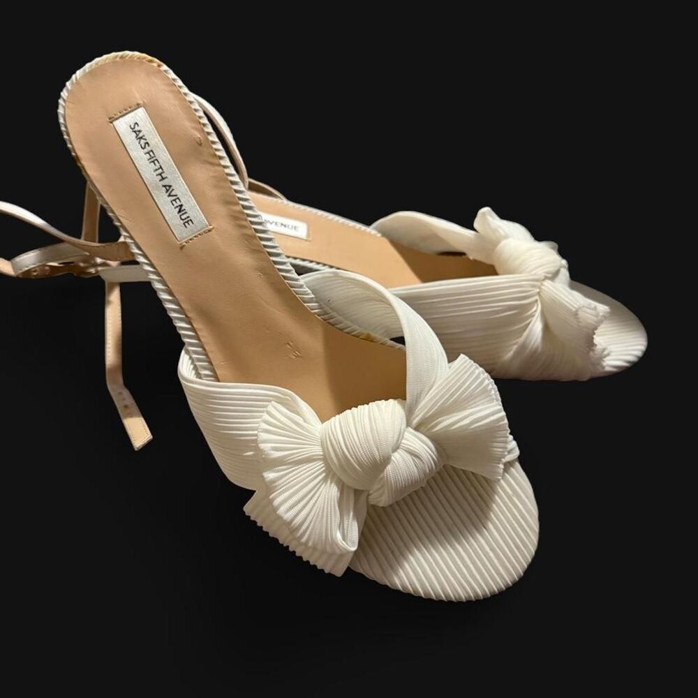 Saks Fifth Avenue Sammy White Pleated Bow Kitten Heel Sandals - Size 8.5